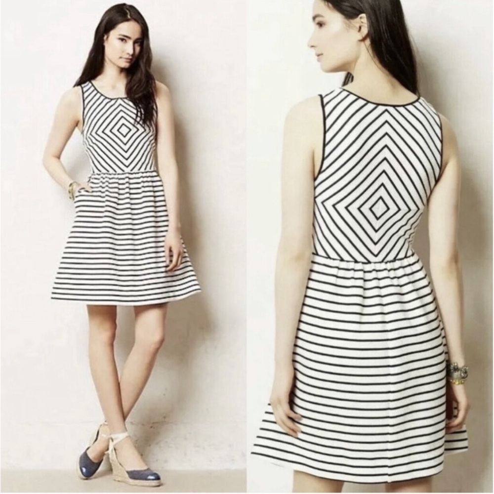 Women’s Maeve Anthropologie Fit Flare Knit Classic Black White Stripe Mini Dress